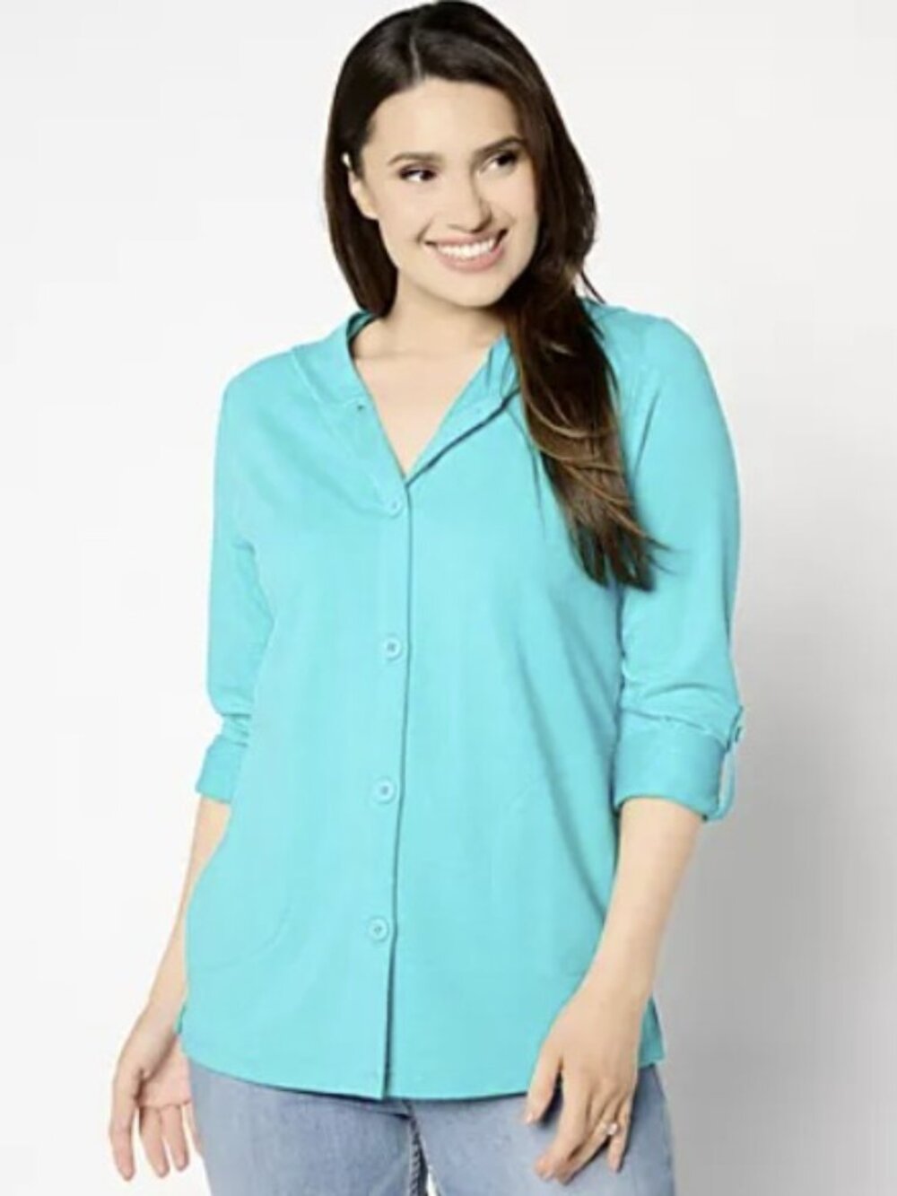 Denim & Co. Beach French Terry Roll Tab Sleeve Hooded Jacket Size 2X Aqua